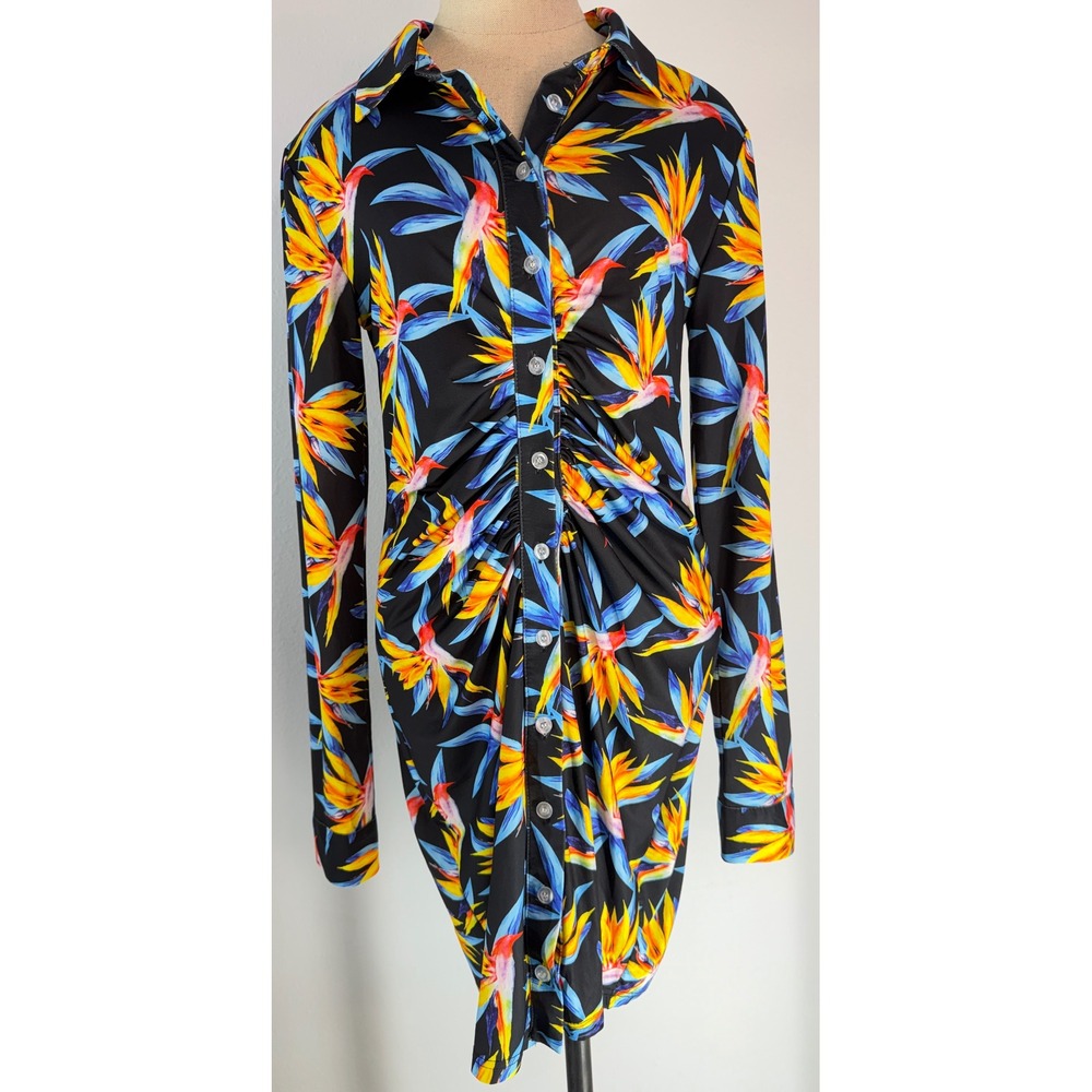 Halfheart Retro Tropical Floral Button Front Long Sleeve Mini Dress Fairy Resort